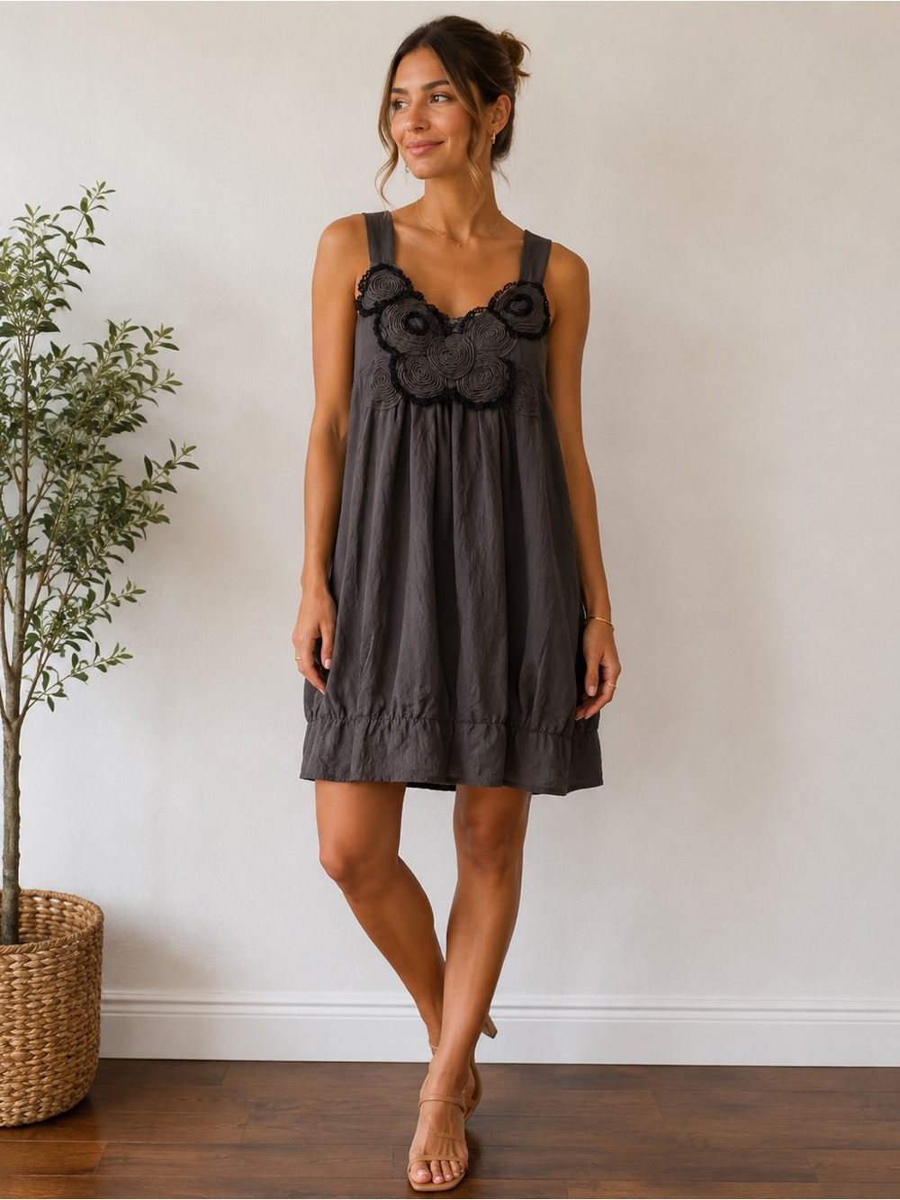 Poetry Grey Sleeveless Rosette Babydoll Dress